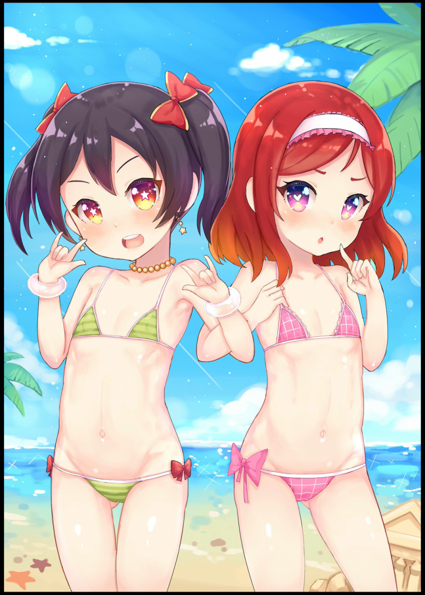 2girls \m/ ass_visible_through_thighs atg_(wttoo0202) beach bikini black_border black_hair border cloud commentary_request day double_\m/ earrings flat_chest frilled_hairband frills green_bikini groin hairband heart heart-shaped_pupils highres jewelry locked_arms long_hair love_live! love_live!_school_idol_project lowleg lowleg_bikini micro_bikini multiple_girls navel nishikino_maki open_mouth pink_bikini plaid plaid_bikini purple_eyes red_eyes red_hair ribbon search_bar smile star-shaped_pupils star_(symbol) star_earrings string_bikini striped striped_bikini swimsuit symbol-shaped_pupils thigh_gap twintails yazawa_nico younger