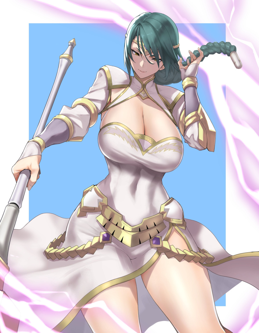 1girl absurdres anagumasan bangs braid breasts circlet cleavage closed_mouth covered_navel dress fire_emblem fire_emblem_heroes gold_trim green_hair highres holding jewelry large_breasts lightning long_hair long_sleeves polearm shiny shiny_hair shiny_skin simple_background single_braid smile solo thighs thorr_(fire_emblem) tied_hair turtleneck weapon white_dress