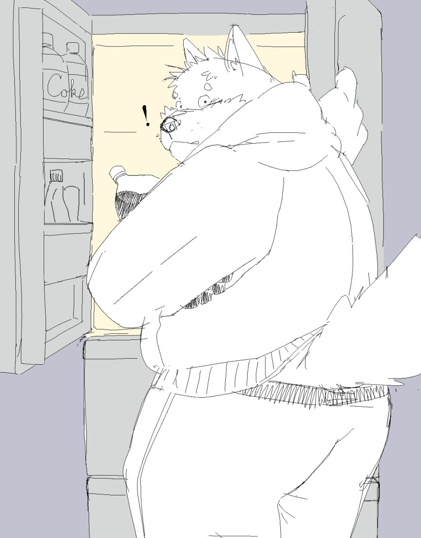 ! 2021 anthro appliance bottomwear canid canine canis clothing domestic_dog fridge fugashi4090 hi_res hoodie humanoid_hands kemono kitchen_appliance male mammal overweight overweight_male pants solo surprise topwear