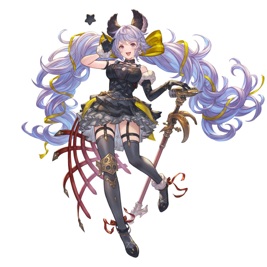 1girl alpha_transparency animal_ears bangs black_dress black_gloves black_legwear breasts cleavage dress elbow_gloves full_body fur-trimmed_gloves fur_trim gloves granblue_fantasy hair_between_eyes hair_ribbon large_breasts long_hair looking_at_viewer low_twintails microphone minaba_hideo official_art open_mouth purple_eyes purple_hair ribbon satyr_(granblue_fantasy) simple_background single_elbow_glove smile solo star_(symbol) thighhighs transparent_background twintails very_long_hair