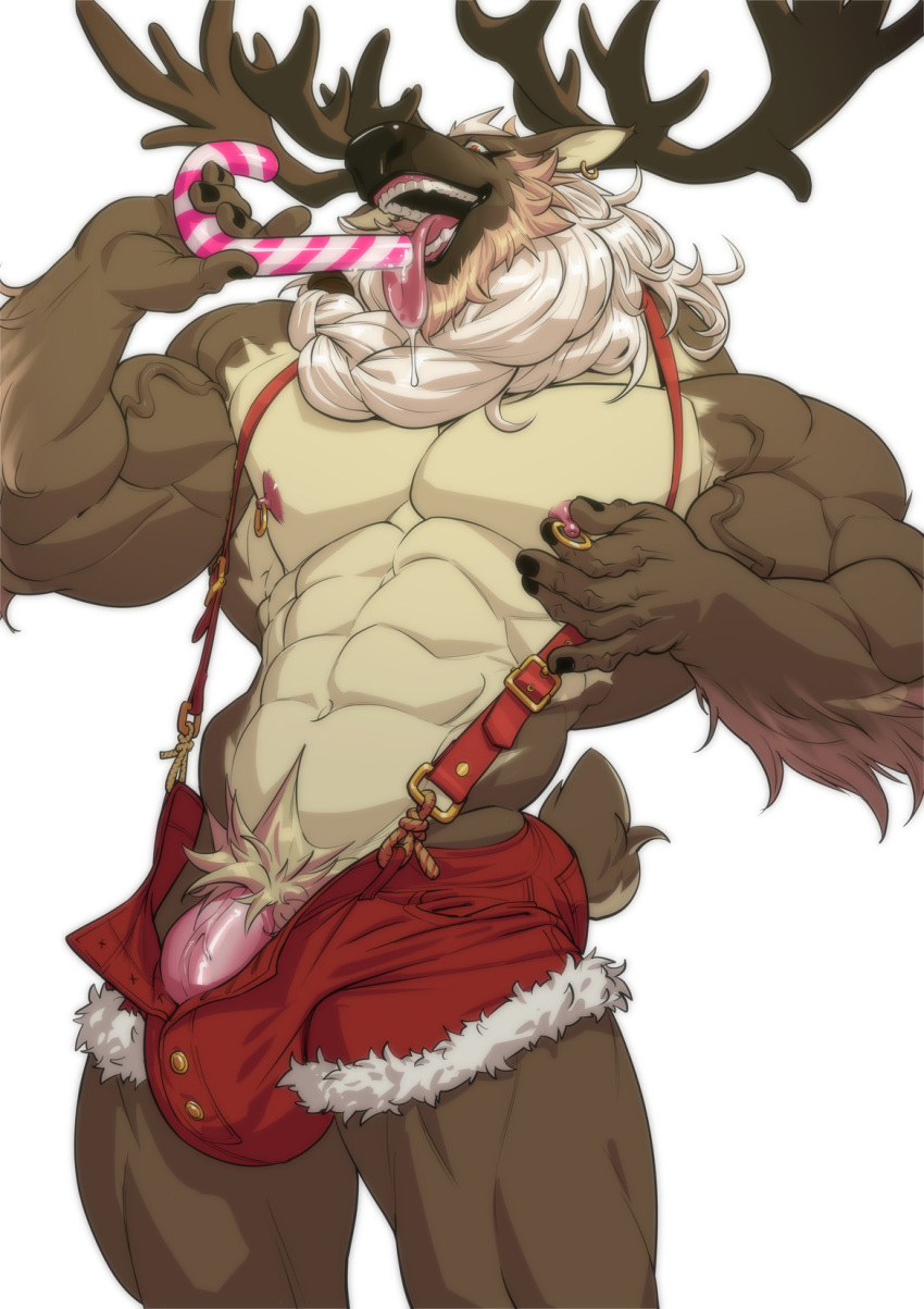 2021 abs anthro antlers big_bulge biped bodily_fluids braided_hair brown_body brown_fur bulge candy candy_cane candy_cane_in_mouth capreoline cervid dessert digital_media_(artwork) ear_piercing ear_ring food fur genitals hair hi_res horn looking_at_viewer male mammal multicolored_body multicolored_fur muscular muscular_anthro muscular_male neck_tuft nesskain nipple_fetish nipple_piercing nipple_pinch nipple_play nipple_ring nipples open_mouth open_smile pecs penis piercing pinch pubes reindeer saliva simple_background smile solo suspenders tan_body tan_fur tongue tongue_out tuft vein veiny_penis white_background white_hair