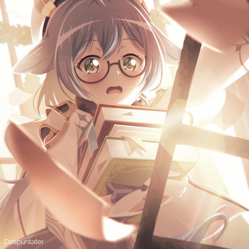 1girl absurdres artist_name asahi_rokka bang_dream! bangs beret black-framed_eyewear blue_dress blue_hair blush book commentary cosplay despuntater dress eyebrows_visible_through_hair genshin_impact glasses gloves green_eyes hair_between_eyes hair_flaps hat highres holding holding_book ladder long_hair open_mouth semi-rimless_eyewear shrug_(clothing) sidelocks solo sucrose_(genshin_impact) sucrose_(genshin_impact)_(cosplay) sweat trait_connection white_gloves white_headwear white_sleeves