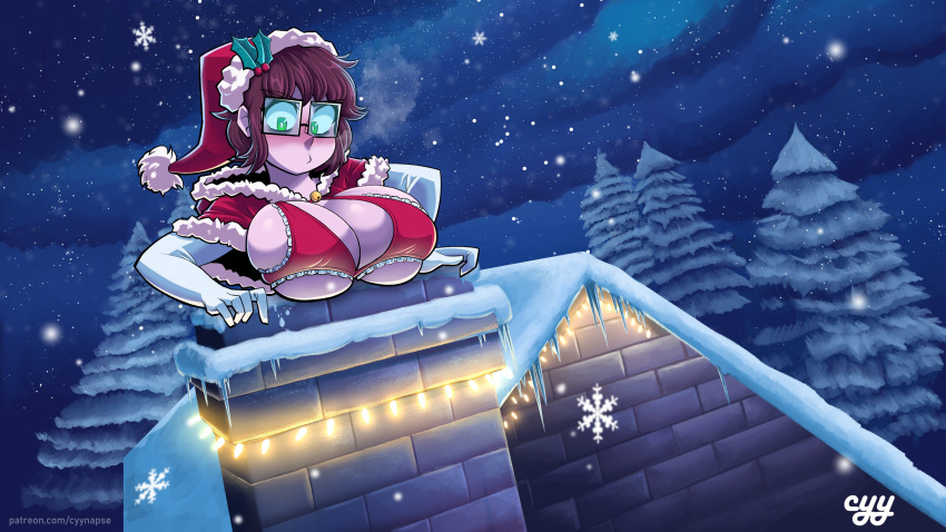 1girl absurdres blush bra breasts brown_hair chimney christmas cleavage closed_mouth cyynapse elbow_gloves eyebrows_visible_through_hair gloves green_eyes highres house large_breasts looking_away night original outdoors rectangular_eyewear red_bra santa_costume short_hair snow snowflakes snowing solo underwear white_gloves
