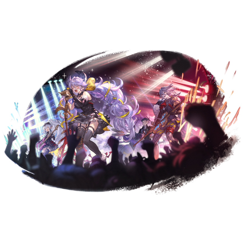 2boys 2girls alpha_transparency animal_ears baal_(granblue_fantasy) band bangs black_dress black_gloves black_legwear blush bow breasts closed_eyes crowd dress drum drum_set drumsticks elbow_gloves fur-trimmed_gloves fur_trim gloves granblue_fantasy guitar hair_between_eyes hair_bow hair_ribbon instrument large_breasts long_hair low_twintails medusa_(shingeki_no_bahamut) microphone minaba_hideo multiple_boys multiple_girls nezha_(granblue_fantasy) official_art open_mouth pointy_ears ponytail purple_hair ribbon satyr_(granblue_fantasy) single_elbow_glove smile stage thighhighs transparent_background twintails very_long_hair