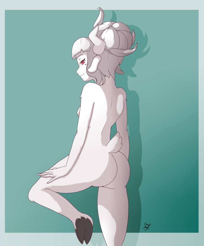 absurd_res anthro bovid breasts butt caprine female goat helltaker hi_res hooves horn hound_wolf looking_at_viewer looking_back lucifer_(helltaker) mammal nude on_one_leg one_leg_up raised_leg raised_tail red_eyes smile solo standing