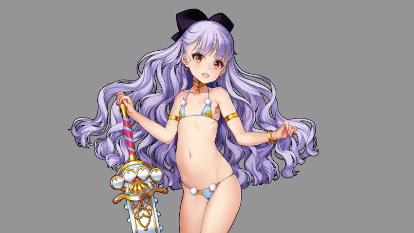 1girl armlet blue_swimsuit bracelet choker earrings eiyuu_senki eiyuu_senki_ww gawain_(eiyuu_senki) gold_choker grey_background hair_ribbon highres jewelry long_hair official_art oyari_ashito purple_hair red_eyes ribbon solo_focus swimsuit sword very_long_hair weapon