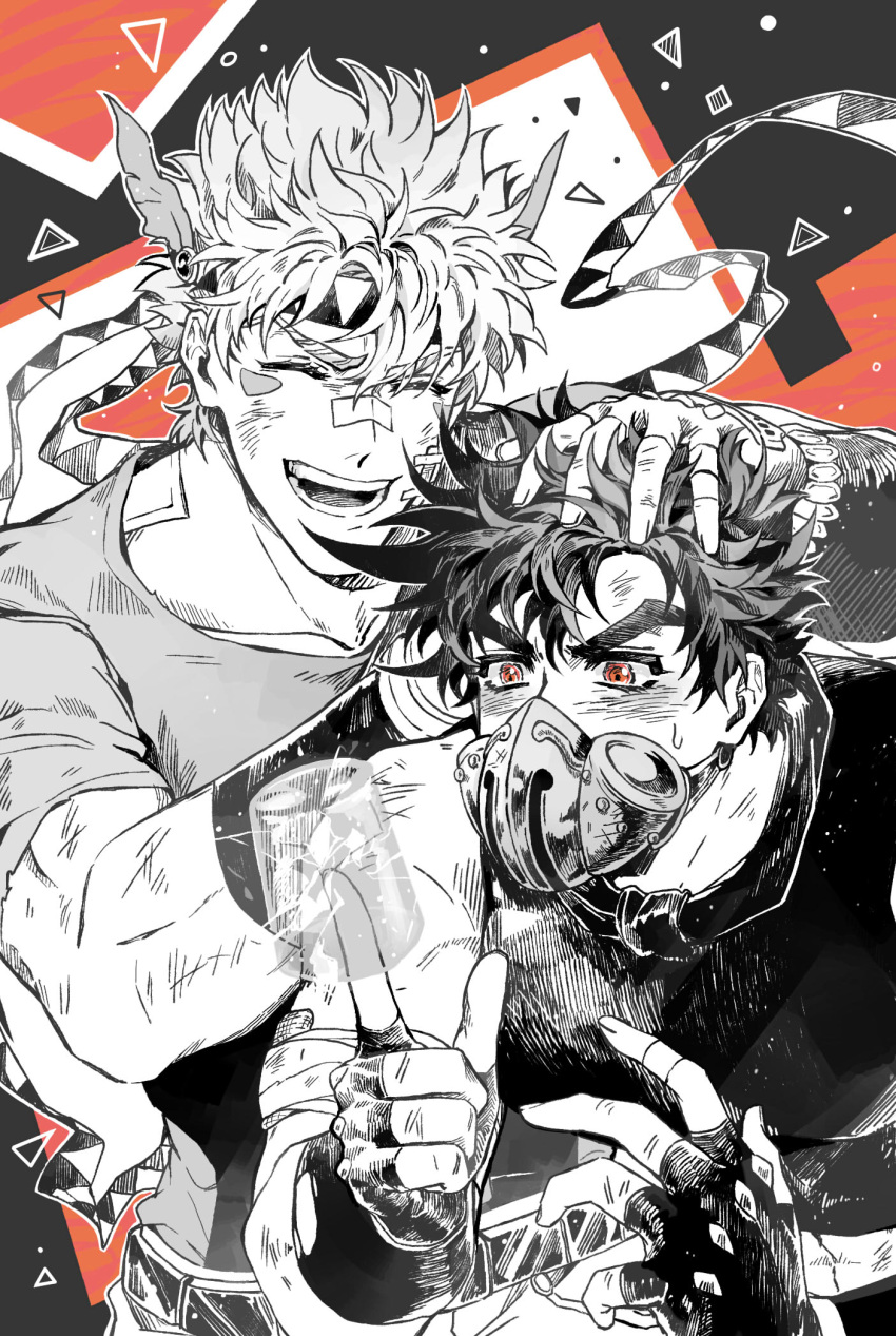 2boys battle_tendency blush caesar_anthonio_zeppeli collar facial_mark feather_hair_ornament feathers fingerless_gloves gloves hair_ornament hamon hand_in_hair highres jojo_no_kimyou_na_bouken joseph_joestar joseph_joestar_(young) mask multiple_boys nigelungdayo pointing red_eyes ruffling_hair sweat