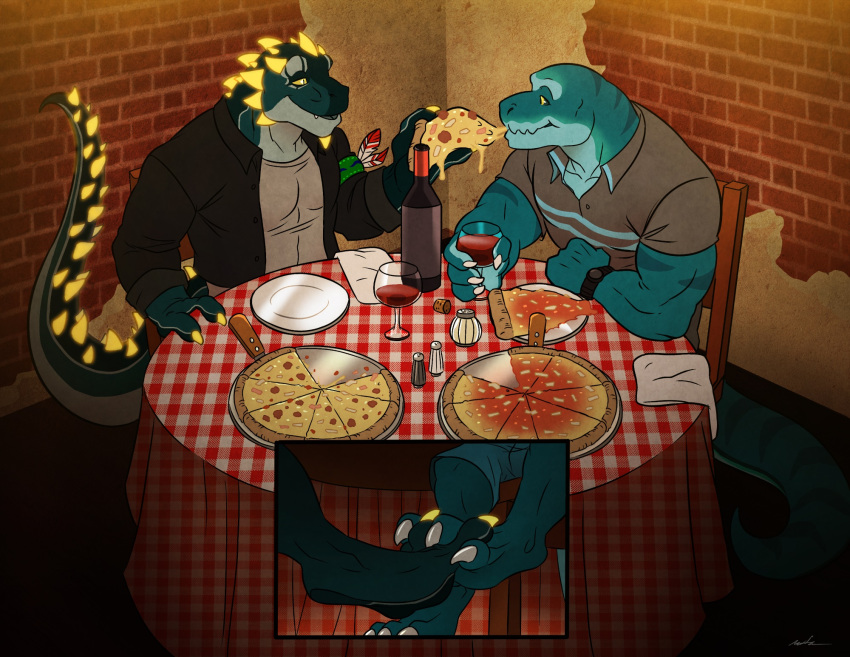 alcohol anthro beverage brightosaur clothed clothing container cup digital_media_(artwork) dinner dinosaur dragomar drinking drinking_glass duo eating feeding feet food foot_fetish foot_play foot_rub footsie furniture glass glass_container glass_cup hekar hi_res lizard male male/male muscular muscular_anthro muscular_male paws pizza reptile restaurant scalie shirt smile t-shirt table topwear wfa wine wine_bottle wine_glass