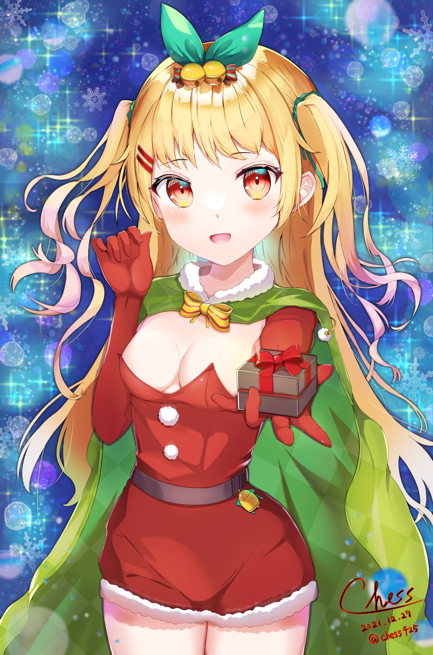 1girl absurdres alternate_costume azur_lane belt blonde_hair breasts cape chess11 christmas cleavage commentary_request commission dated elbow_gloves gift gloves hair_ornament hairclip highres jenkins_(azur_lane) long_hair looking_at_viewer open_mouth santa_costume signature skeb_commission small_breasts