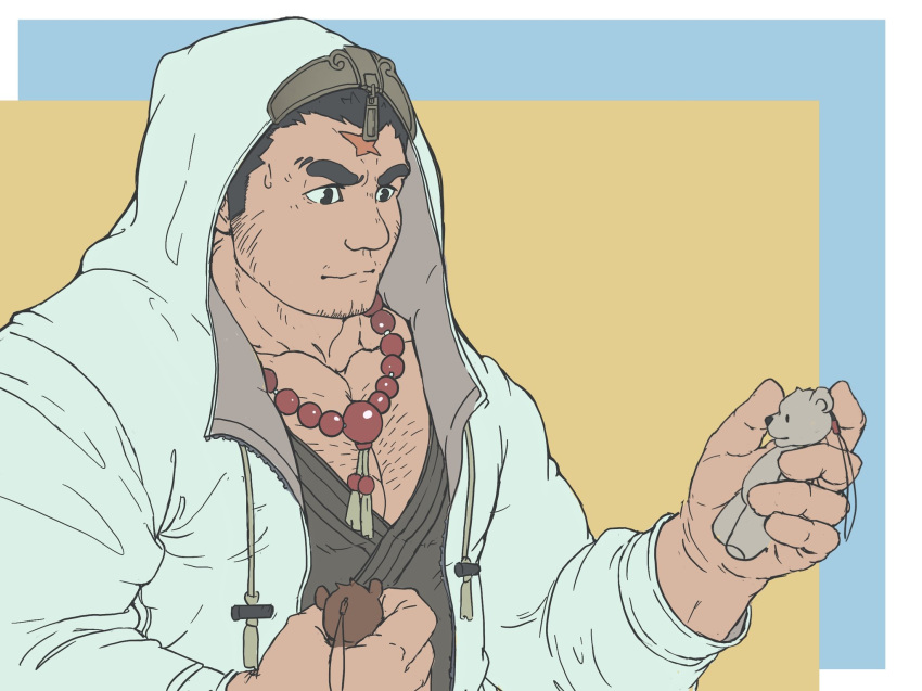 1boy bara bead_necklace beads chest_hair cross_scar dark-skinned_male dark_skin facial_hair goatee highres holding holding_toy hood hood_up houzouin_oniwaka jacket japanese_clothes jewelry kimono large_pectorals long_sideburns male_focus mature_male me-me_(mouact2) muscular muscular_male necklace open_clothes open_jacket pectoral_cleavage pectorals scar scar_on_face scar_on_forehead short_hair sideburns solo stubble stuffed_animal stuffed_toy sweatdrop teddy_bear thick_eyebrows tokyo_afterschool_summoners toy unzipped upper_body