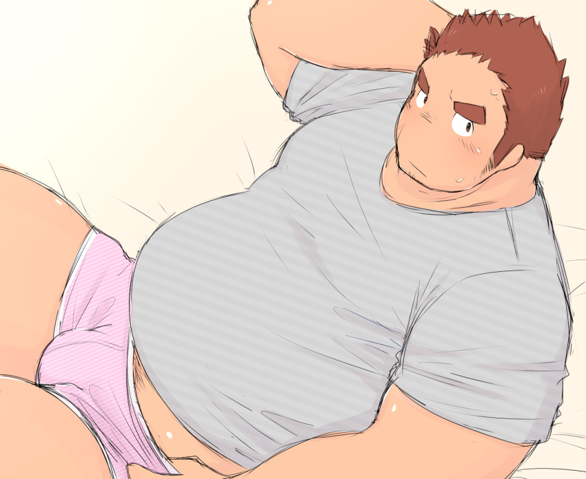 1boy 3c_pan aqua_shirt arm_behind_head bara belly blush boxer_briefs brown_hair bulge casual facial_hair feet_out_of_frame gunzo_(housamo) hand_under_clothes long_sideburns looking_at_viewer male_focus male_pubic_hair male_underwear midriff_peek muscular muscular_male no_pants pectorals pink_male_underwear plump pubic_hair pulled_by_self scar scar_on_cheek scar_on_face shirt short_hair sideburns solo spiked_hair stubble sweatdrop thick_eyebrows thick_thighs thighs tokyo_afterschool_summoners underwear undressing