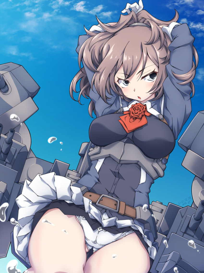 547th_sy arms_up ascot blue_eyes blue_sky brown_hair cloud cowboy_shot flower gloves highres kantai_collection long_hair machinery messy_hair military military_uniform panties pleated_skirt red_ascot red_flower red_neckwear red_rose rose sheffield_(kancolle) skirt sky underwear uniform white_gloves white_panties white_skirt