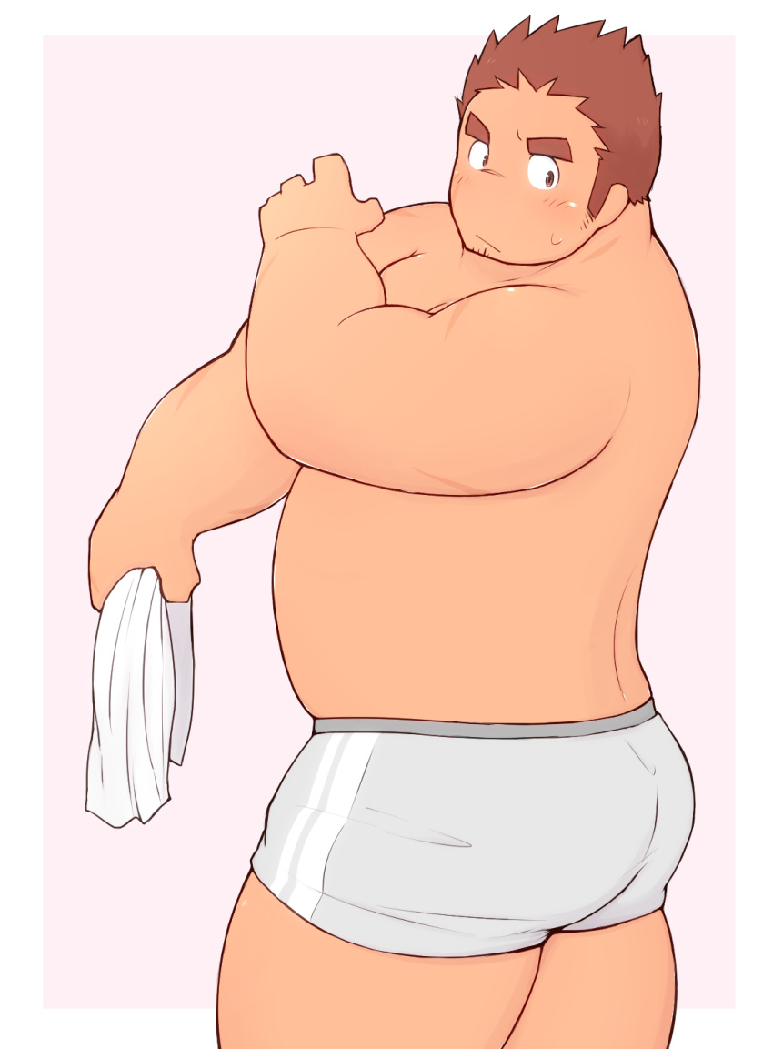 1boy 3c_pan ass back bara belly blush boxers brown_hair cowboy_shot facial_hair from_side grey_male_underwear gunzo_(housamo) highres holding holding_towel long_sideburns male_focus male_underwear muscular muscular_male pectorals plump scar scar_on_cheek scar_on_face short_hair sideburns solo spiked_hair stubble sweatdrop thick_eyebrows thick_thighs thighs tokyo_afterschool_summoners topless_male towel underwear underwear_only