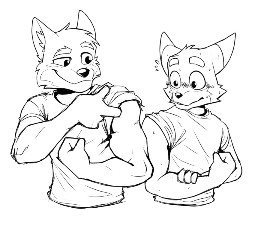 anjing_kampuss anthro biceps black_and_white blush bodily_fluids canid canine canis clothed clothing duo electron_(anjing) fox hi_res male mammal monochrome muscular muscular_anthro muscular_male proton_(anjing) rolled_up_sleeves shirt showing_muscles smile smirk sweat topwear wolf