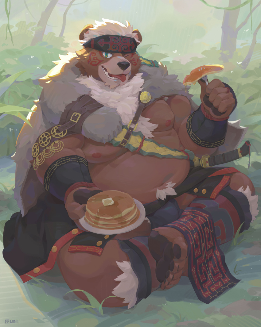 1boy absurdres ainu_clothes animal_ears bara bare_pectorals bear_boy bear_ears branch brown_fur bulge chest_hair fat food full_body furry furry_male grass green_eyes headband highres holding incoming_food kimun_kamui large_pectorals looking_at_viewer male_focus muscular muscular_male navel nipples open_mouth pancake pectorals pelvic_curtain seamonsterping short_hair sitting smile solo stomach thick_thighs thighs tokyo_afterschool_summoners tongue underpec