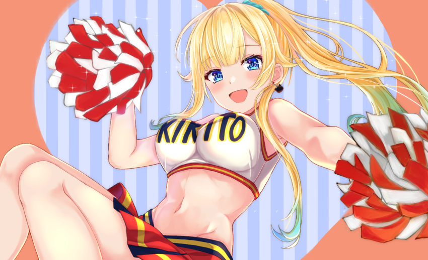 1girl :d aizawa_ema bangs bare_shoulders blonde_hair blue_eyes blue_scrunchie blush cheering cheerleader clothes_writing crop_top earrings eyebrows_visible_through_hair hair_ornament hair_scrunchie holding holding_pom_poms jewelry jumping kinnrui905 long_hair looking_at_viewer midriff miniskirt navel open_mouth pleated_skirt pom_pom_(cheerleading) ponytail red_skirt ribs scrunchie shirt skirt sleeveless sleeveless_shirt smile solo very_long_hair virtual_youtuber vspo!