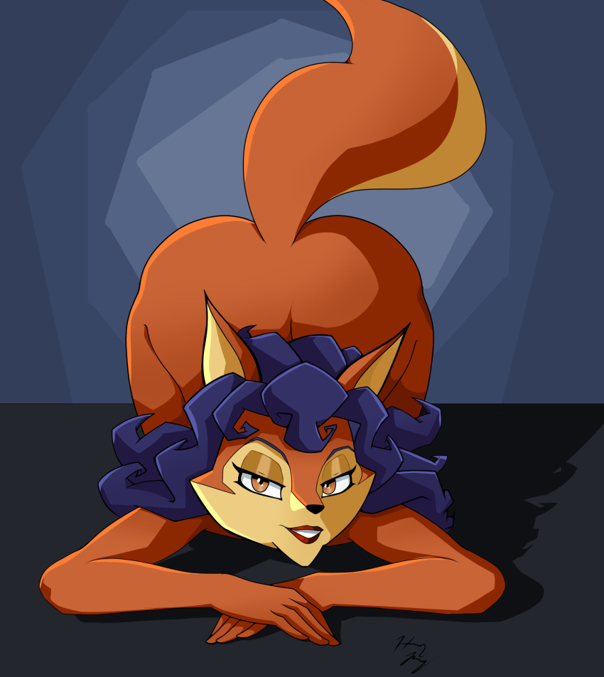 absurd_res all_fours anthro ass_up bedroom_eyes blue_hair canid canine carmelita_fox female female/female fox fox_tail fur hair hi_res hound_wolf humanoid lipstick looking_at_viewer makeup mammal narrowed_eyes orange_body orange_fur seductive sly_cooper_(series) smile solo sony_corporation sony_interactive_entertainment sucker_punch_productions video_games