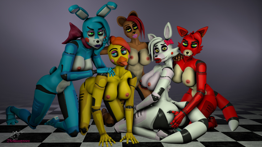 absurd_res bonnie_(fnaf) breasts butt butt_grab canid canine checkered_floor chica_(fnaf) crossgender dietshantytown digital_media_(artwork) female female/female five_nights_at_freddy's five_nights_at_freddy's_2 fox foxy_(fnaf) freddy_(fnaf) group group_photo group_portrait hair hand_on_butt hi_res humanoid machine mammal mangle_(fnaf) nipples nude on robot robot_humanoid scottgames simple_background tagme tongue video_games watermark
