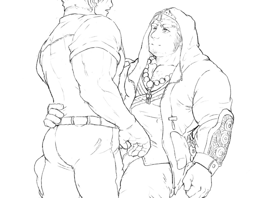 2boys ass bara bead_necklace beads bulge couple eye_contact facial_hair feet_out_of_frame goatee greyscale hand_on_another's_back head_out_of_frame highres hood hood_up houzouin_oniwaka jacket jewelry large_pectorals leg_between_thighs long_sideburns looking_at_another male_focus master_3_(housamo) mature_male me-me_(mouact2) monochrome multiple_boys muscular muscular_male necklace open_clothes open_jacket pants pectoral_cleavage pectorals shirt short_hair sideburns stubble thick_eyebrows thick_thighs thighs tight tight_shirt tokyo_afterschool_summoners yaoi