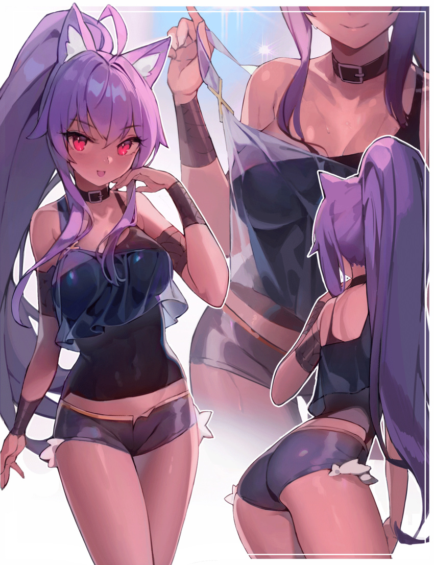 1girl :d ahoge animal_ear_fluff animal_ears arm_at_side arm_strap ass bangs bare_shoulders blush breasts buckle cleavage closed_mouth collar collarbone covered_navel crop_top dark-skinned_female dark_skin dated_commentary eyebrows_visible_through_hair gradient gradient_background hand_up high_ponytail highres leaning_forward long_hair looking_at_viewer ludaf medium_breasts multiple_views original pink_eyes pulled_by_self purple_hair purple_shorts see-through short_shorts shorts sidelocks sleeveless smile sparkle strap_pull thighs very_long_hair wristband