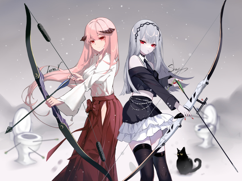 2girls absurdres arrow_(projectile) artist_name bare_shoulders black_jacket black_legwear black_skirt bow_(weapon) collaboration hakama highres hip_vent holding holding_bow_(weapon) holding_weapon horns jacket japanese_clothes leria_v long_sleeves midriff multiple_girls off_shoulder original pink_hair red_eyes sheya shirt signature silver_hair skirt standing thighhighs weapon white_shirt wide_sleeves zettai_ryouiki