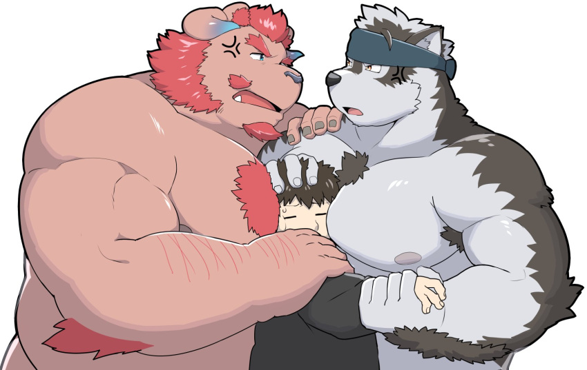3boys abs ainu_clothes animal_ears arm_hair bara between_pectorals bite_(12beat13) blue_eyes boy_sandwich chernobog_(housamo) chest_hair curled_horns demon_horns eye_contact face_to_pecs facial_hair furry furry_male furry_with_non-furry goatee grey_fur grey_hair hand_on_another's_head head_between_pecs headband height_difference highres horkeu_kamui horns interspecies large_pectorals looking_at_another male_focus master_5_(housamo) multicolored_hair multiple_boys muscular muscular_male nipples nude orange_hair pectoral_press pectorals pink_fur sandwiched short_hair sideburns size_difference sweatdrop thick_eyebrows tokyo_afterschool_summoners tusks two-tone_fur two-tone_hair upper_body white_background wolf_boy wolf_ears yaoi yellow_eyes