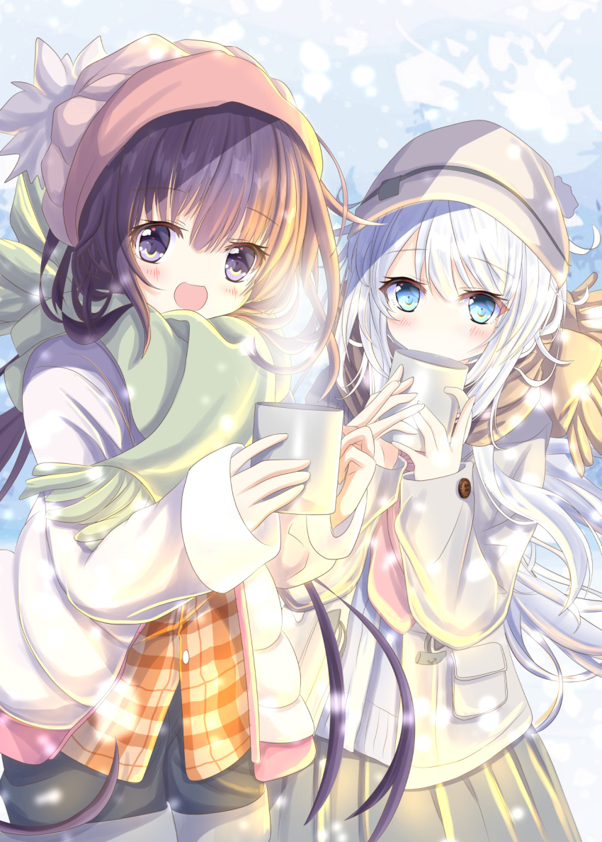 2girls akatsuki_(kancolle) aruka_(alka_p1) beanie black_shorts blue_eyes blush coat cowboy_shot cup eyebrows_visible_through_hair fringe_trim green_scarf grey_coat grey_skirt hair_between_eyes hat hibiki_(kancolle) highres holding holding_cup jacket kantai_collection long_hair long_sleeves looking_at_viewer multiple_girls open_clothes open_coat open_jacket open_mouth pink_headwear pleated_skirt pom_pom_(clothes) purple_eyes purple_hair scarf shorts silver_hair skirt smile verniy_(kancolle) white_headwear white_jacket yellow_scarf