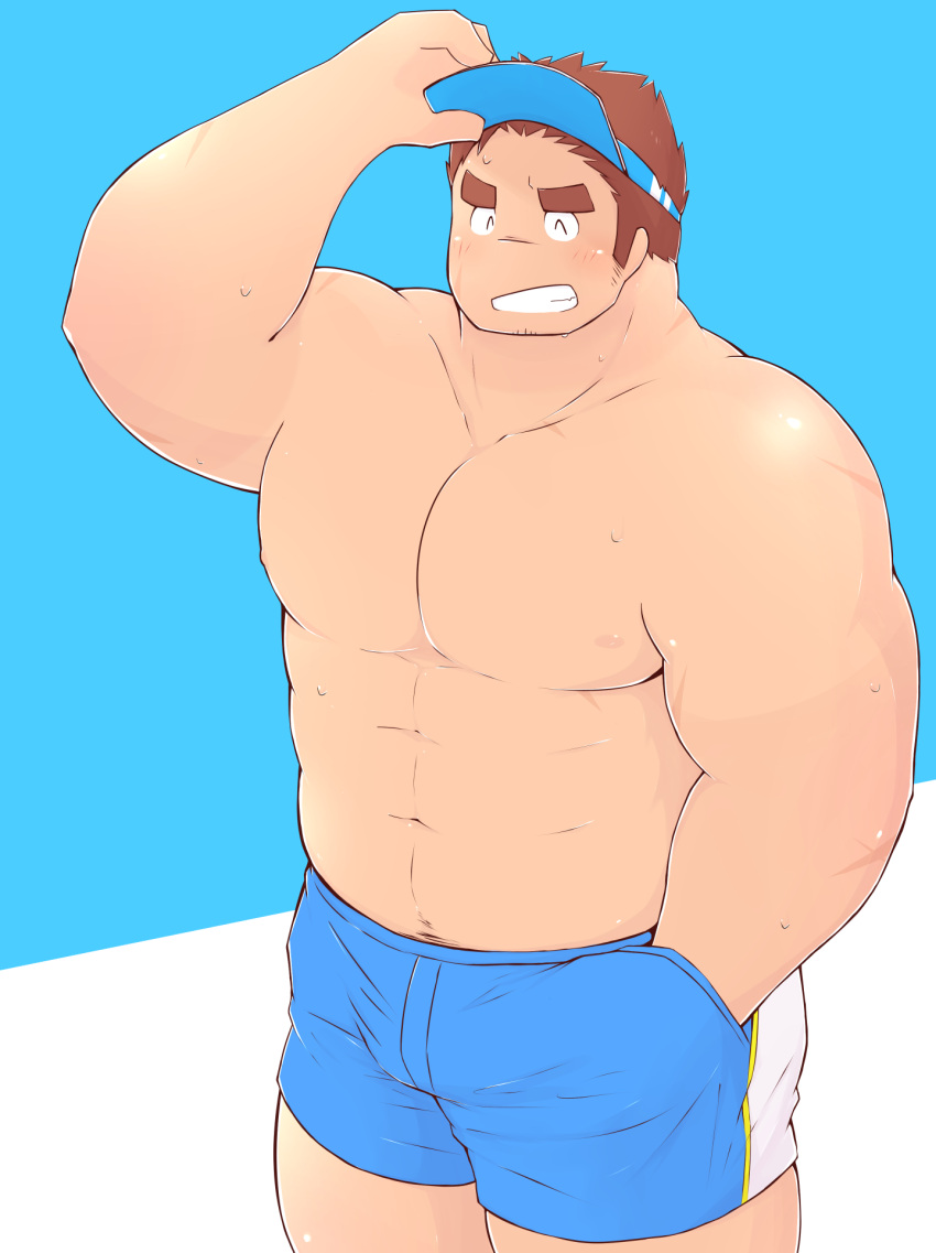 1boy 3c_pan ^_^ abs adjusting_clothes adjusting_headwear alternate_costume alternate_pectoral_size bara blue_shirts blush brown_hair bulge closed_eyes cowboy_shot facial_hair gunzo_(housamo) hat highres large_pectorals long_sideburns looking_at_viewer male_focus muscular muscular_male navel navel_hair nipples pectorals plump scar scar_on_cheek scar_on_face short_hair sideburns solo spiked_hair stomach stubble thick_eyebrows thick_thighs thighs tokyo_afterschool_summoners topless_male wet