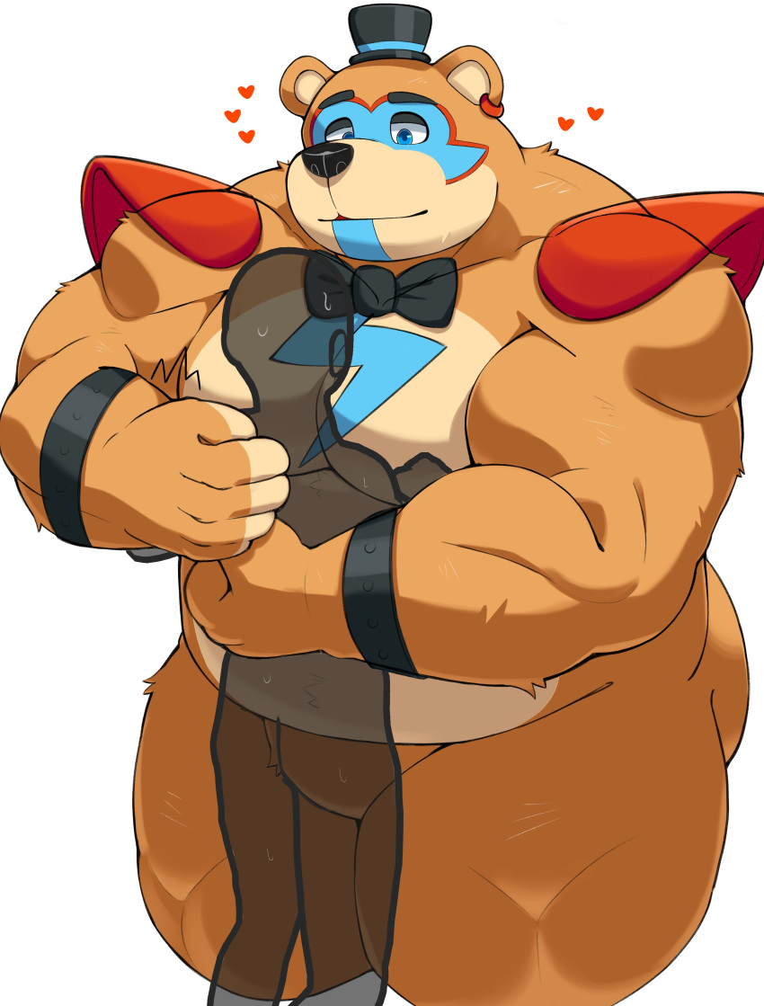 &lt;3 2021 absurd_res anthro bhtoss black_nose brown_body clothing duo embrace five_nights_at_freddy's five_nights_at_freddy's:_security_breach glamrock_freddy_(fnaf) hat headgear headwear hi_res hug humanoid_hands kemono male mammal overweight overweight_male scottgames simple_background ursid video_games white_background