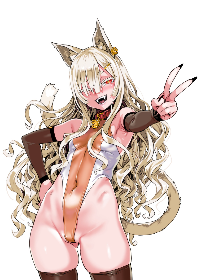 1girl ;d absurdres animal_ears armpits asanagi ass_visible_through_thighs bare_shoulders bell black_legwear black_nails blonde_hair blush breasts covered_navel detached_sleeves earrings eyebrows_visible_through_hair eyelashes fangs fingernails hair_ornament hair_over_one_eye hairclip hand_on_hip highleg highleg_leotard highres jewelry leotard long_fingernails long_hair looking_at_viewer neck_bell one_eye_closed original red_eyes simple_background small_breasts smile solo tail teeth thighhighs v white_background