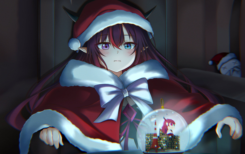 1girl absurdres blue_eyes blush bow capelet frown fur_trim hat heterochromia highres hololive hololive_english irys_(hololive) jan_azure looking_down meme pointy_ears pondering_my_orb_(meme) purple_eyes red_capelet red_headwear santa_hat sitting snow_globe solo tolkien's_legendarium virtual_youtuber white_bow