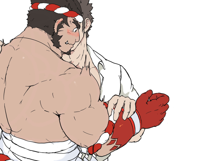 2boys back bara blush collared_shirt couple covered_face facial_hair flustered goatee hachimaki hand_on_another's_arm hand_on_another's_shoulder headband highres kiss kissing_cheek long_sideburns male_focus master_3_(housamo) mature_male me-me_(mouact2) midriff_sarashi multiple_boys muscular muscular_male nejiri_hachimaki pectorals sarashi shirt short_hair sideburns solo_focus stubble surprise_kiss surprised tajikarao_(housamo) thick_eyebrows tokyo_afterschool_summoners trembling tusks upper_body yaoi