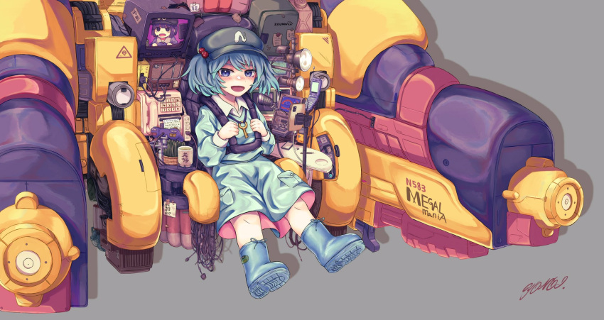 1girl :d backpack bag bangs blue_background blue_eyes blue_footwear blue_hair blue_shirt blue_skirt blush boots charger clenched_hand collared_shirt commentary_request cucumber cup english_text full_body green_headwear grey_background hair_bobbles hair_ornament hat highres kawashiro_nitori key long_sleeves looking_at_viewer mechanical_arms mechanical_parts open_mouth phone pocket pot pouch rubber_boots shirt short_hair simple_background sitting skirt smile soles solo teacup television tongue touhou tv_camera two_side_up yonoisan