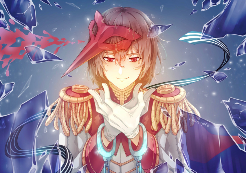 1boy akechi_gorou artist_name blurry brown_hair closed_mouth commentary cuffs gloves hair_between_eyes highres ice light_blush looking_down mask mask_on_head meowpie messy_hair persona persona_5 plague_doctor_mask red_eyes red_mask shackles short_hair smile solo upper_body white_gloves wrist_cuffs