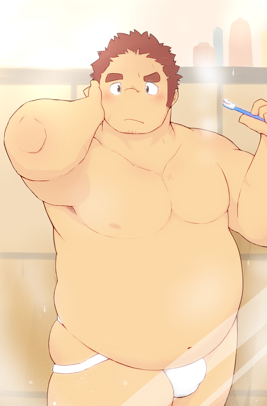 1boy 3c_pan abs absurdres bara bathroom belly blush brown_hair bulge cowboy_shot facial_hair fat fat_man gunzo_(housamo) hand_on_own_face highres jockstrap long_sideburns looking_at_viewer male_focus male_underwear mirror_image muscular muscular_male navel nipples pectorals plump scar scar_on_cheek scar_on_face short_hair sideburns skindentation solo spiked_hair steam stomach stubble thick_eyebrows thick_thighs thighs tokyo_afterschool_summoners toothbrush topless_male underwear underwear_only white_male_underwear
