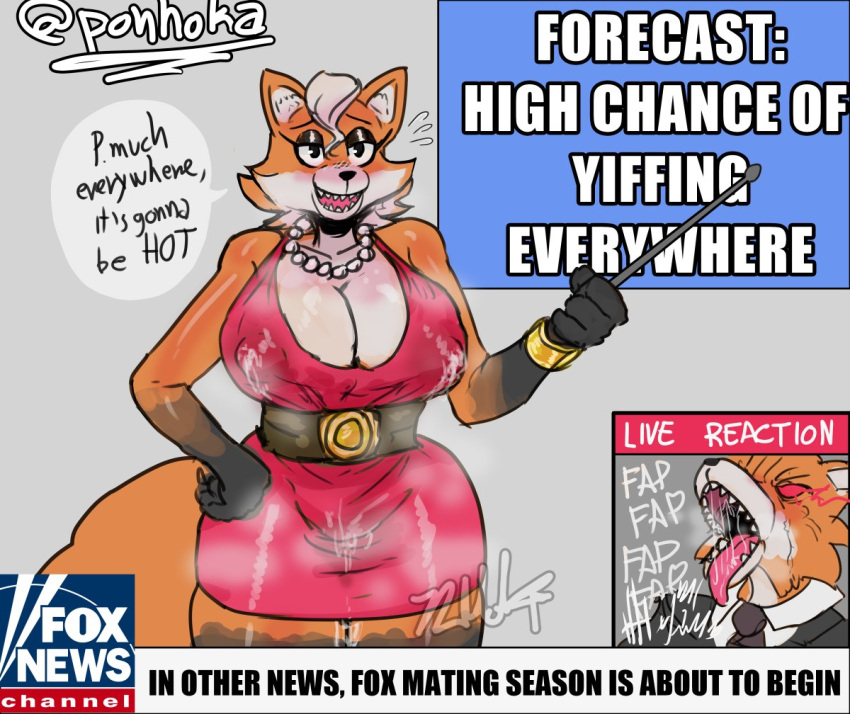 angry_eyes anthro big_breasts blush bodily_fluids breasts canid canine clothing dress duo erect_nipples fangs female forecast fox fox_news fur gem genital_fluids gold_(metal) gold_jewelry hair hoka jewelry leaking leaking_through_clothing male mammal masturbation meme necklace necktie nipples orange_body orange_fur pearl_(gem) pearl_necklace pussy_juice pussy_juice_leaking red_clothing red_dress saliva saliva_string shitpost suit tight_clothing tongue tongue_out white_body white_fur white_hair