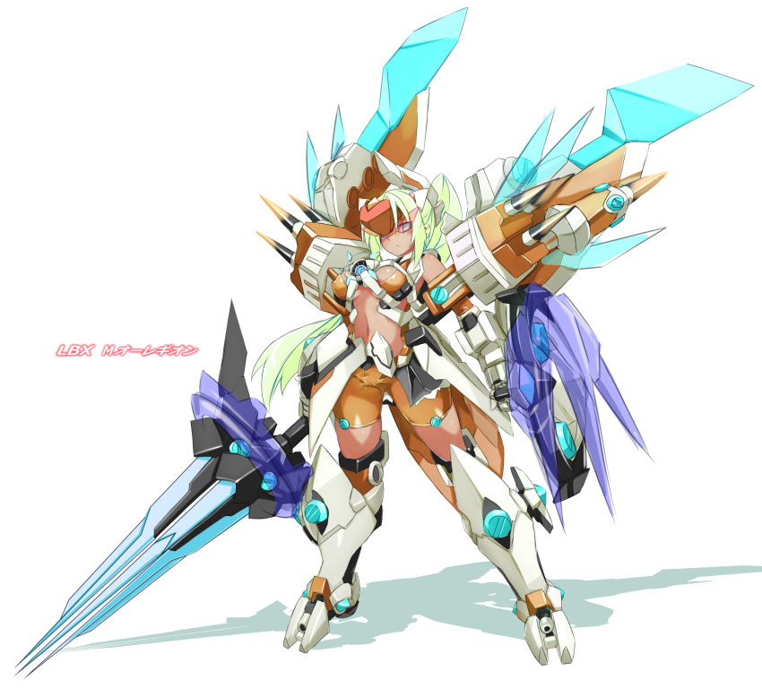 1girl bangs breasts brown_bodysuit center_opening character_request danball_senki dark_skin full_body green_hair hair_between_eyes headgear high_ponytail highres holding holding_sword holding_weapon huge_weapon karukan_(monjya) long_hair looking_at_viewer mecha_musume medium_breasts navel ponytail red_eyes shadow solo standing sword translation_request very_long_hair weapon white_background