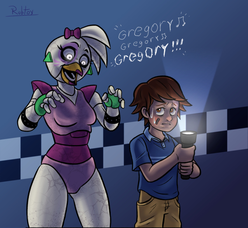animatronic anthro avian bird bodily_fluids chicken dialogue digital_drawing_(artwork) digital_media_(artwork) duo english_text female five_nights_at_freddy's five_nights_at_freddy's:_security_breach flashlight frown galliform gallus_(genus) glamrock_chica_(fnaf) gregory_(fnaf) hi_res human imminent_death larger_anthro larger_female looking_at_another looking_back machine male mammal musical_note open_mouth open_smile phasianid predator/prey predatory_look robot rubtox scared scottgames signature size_difference smaller_human smaller_male smile sweat sweatdrop text video_games