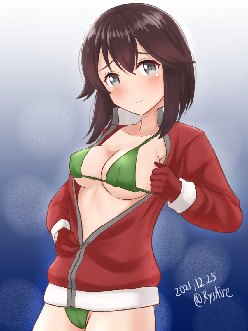 1girl ame-san bikini bikini_top black_hair blush breasts closed_mouth collarbone covered_nipples dated gloves green_bikini grey_eyes hayasui_(kancolle) highres jacket kantai_collection large_breasts long_sleeves looking_at_viewer medium_hair red_gloves red_jacket smile solo swimsuit twitter_username undressing unzipped upper_body