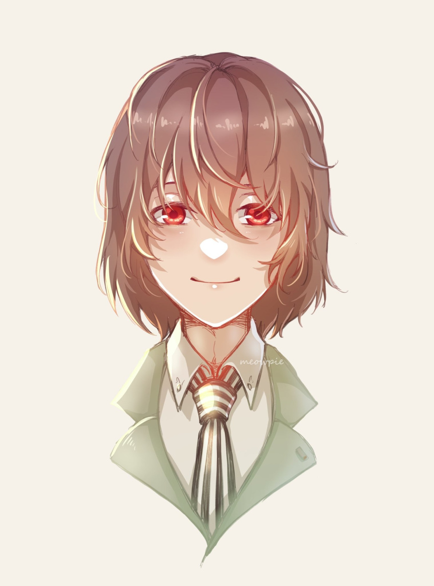 1boy akechi_gorou artist_name brown_hair buttons closed_mouth green_shirt hair_between_eyes highres light_brown_background looking_at_viewer meowpie messy_hair necktie persona persona_5 portrait red_eyes shirt short_hair smile solo striped_necktie white_colar