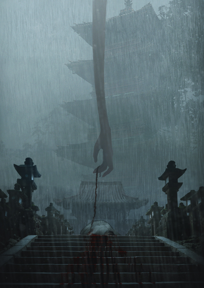 1other absurdres architecture black_hair blood branch cloud cloudy_sky corpse couldoh dark death east_asian_architecture giant_hand highres lantern leaf lying on_stomach original rain scenery shrine sky stairs tree