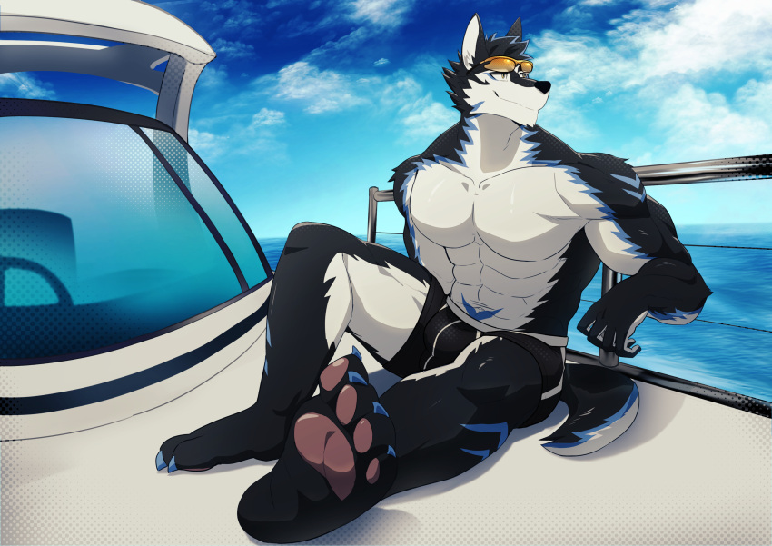 2021 4_toes 5_fingers absurd_res anthro black_clothing boat clothed clothing discordnight_(artist) eyewear eyewear_on_head feet fingers fur glasses glasses_on_head hi_res male mammal muscular muscular_anthro muscular_male plantigrade sea sitting smile solo swimwear tattoo toes topless topless_anthro topless_male vehicle water watercraft