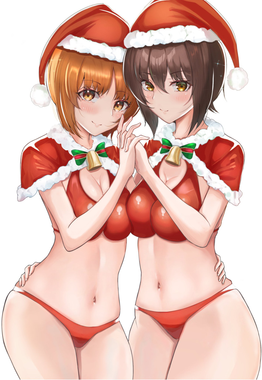 2girls bangs bell bikini blush bow bowtie breasts brown_eyes brown_hair capelet christmas cleavage closed_mouth commentary eyebrows_visible_through_hair fur-trimmed_capelet fur_trim girls_und_panzer green_bow green_bowtie halterneck hand_on_another's_waist hat highres holding_hands interlocked_fingers looking_at_viewer mamaa_(maeni6379) medium_breasts multiple_girls navel neck_bell nishizumi_maho nishizumi_miho red_bikini red_capelet red_headwear santa_bikini santa_hat short_hair siblings side-by-side simple_background sisters smile swimsuit white_background