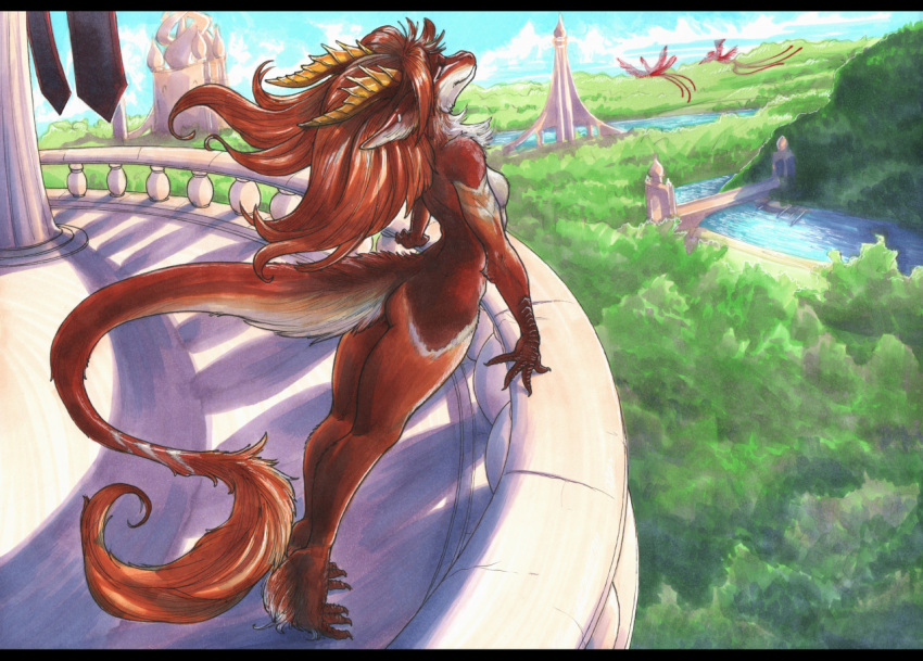 2021 2_horns 3_toes 4_fingers amazing_background anthro big_tail biped blue_sky breasts bridge brown_body brown_claws brown_fur brown_hair brown_scales building butt claws cloud countershade_breasts countershade_fur countershade_tail countershading detailed_background dragon ewgengster_(artist) eyes_closed featureless_breasts feet female finger_claws fingers foot_tuft forest fur furred_dragon hair horn humanoid_hands leaning leaning_forward letterbox long_hair long_tail marker_(artwork) medium_breasts meiyven_(avelos) nude pillar plant river scales scuted_arms scuted_feet scuted_hands scutes shaded shadow side_view sky smile snout soft_shading solo standing tail_tuft thick_tail toe_claws toes traditional_media_(artwork) tree tuft white_body white_fur