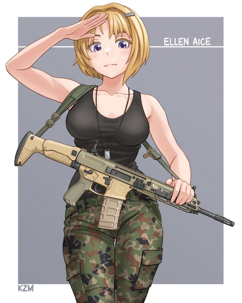 1girl bangs blush border camouflage camouflage_pants character_name collarbone ellen_aice eyebrows_behind_hair grey_background gun highres holding holding_gun holding_weapon looking_at_viewer medium_hair muvluv muvluv_alternative muvluv_unlimited:_the_day_after pants salute shirt_tucked_in short_hair smile solo tank_top waruzamurai weapon white_border