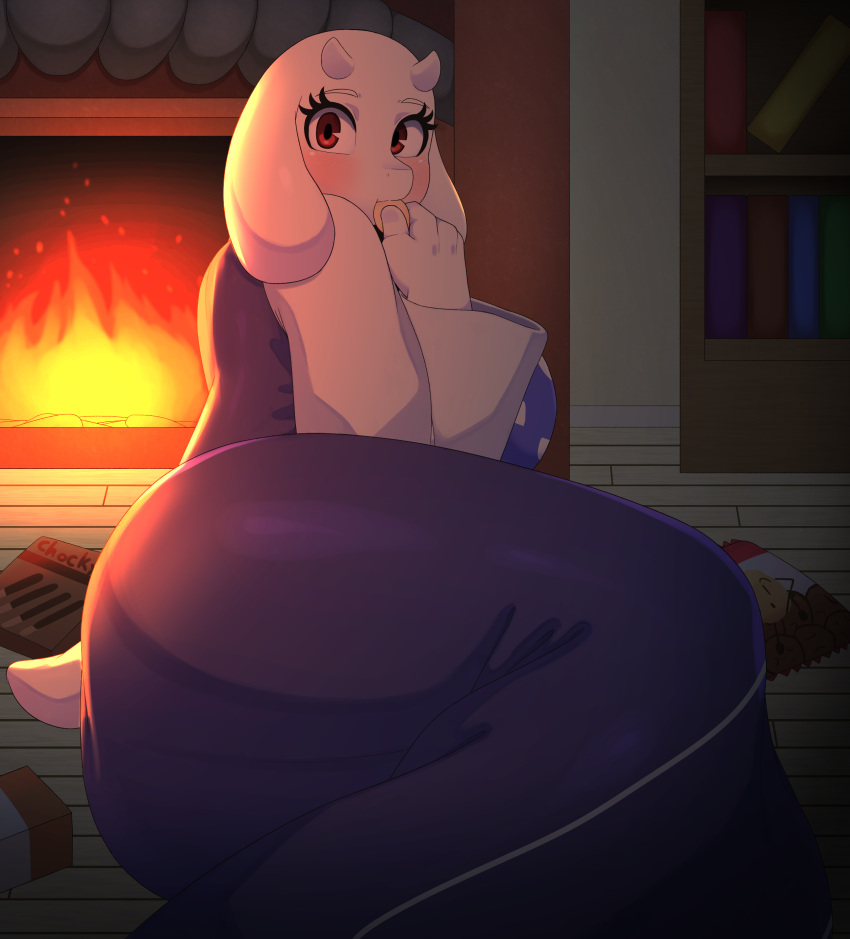 absurd_res anthro big_breasts big_butt blush boss_monster bovid braffy breasts butt caprine clothed clothing eating female fingers fire fireplace floppy_ears food fur hi_res horn inside long_ears looking_at_viewer mammal mature_anthro mature_female red_eyes robe solo thick_thighs toriel undertale undertale_(series) video_games white_body white_fur