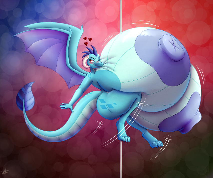 absurd_res anthro areola big_breasts breasts dancing dragon female friendship_is_magic hasbro hi_res huge_breasts hyper hyper_breasts hyperstorm_h my_little_pony nipples nude pole pole_dancing princess_ember_(mlp) purple_areola purple_nipples solo stripper_pole