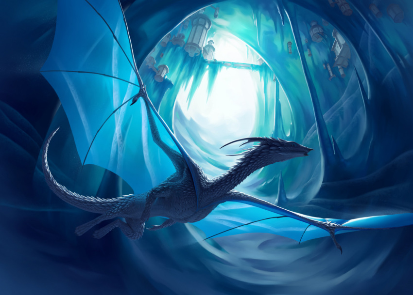 2021 2_horns 4_toes 5_fingers amazing_background ambiguous_gender big_tail blue_wings building detailed detailed_background detailed_scales digital_media_(artwork) digital_painting_(artwork) digitigrade dragon elemental_creature elemental_dragon fantasy feet feral fingers flying horn humanoid_hands ice ice_cave ice_dragon icicle light lighting long_neck long_tail membrane_(anatomy) membranous_wings photorealism quadruped sadnicole scales scalie shaded soft_shading solo thick_tail toes western_dragon white_body white_scales wing_claws wings