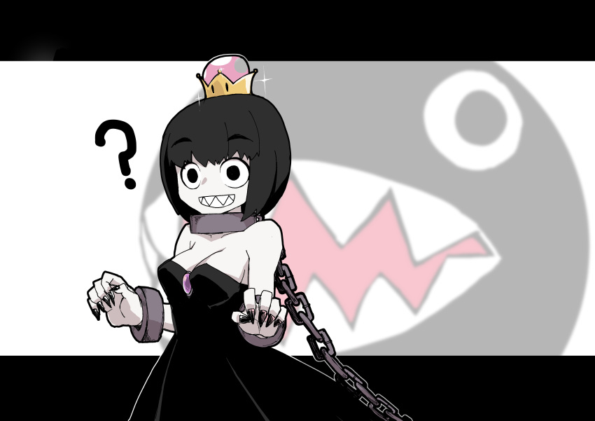 1girl ? absurdres black_dress black_eyes black_hair black_nails bob_cut breasts chain chain_chomp cleavage collar cowboy_shot dress eyebrows_visible_through_hair highres mario_(series) medium_breasts nail_polish new_super_mario_bros._u_deluxe pale_skin princess_chain_chomp sagarakuda sharp_teeth short_hair sleeveless sleeveless_dress smile solo strapless strapless_dress super_crown teeth