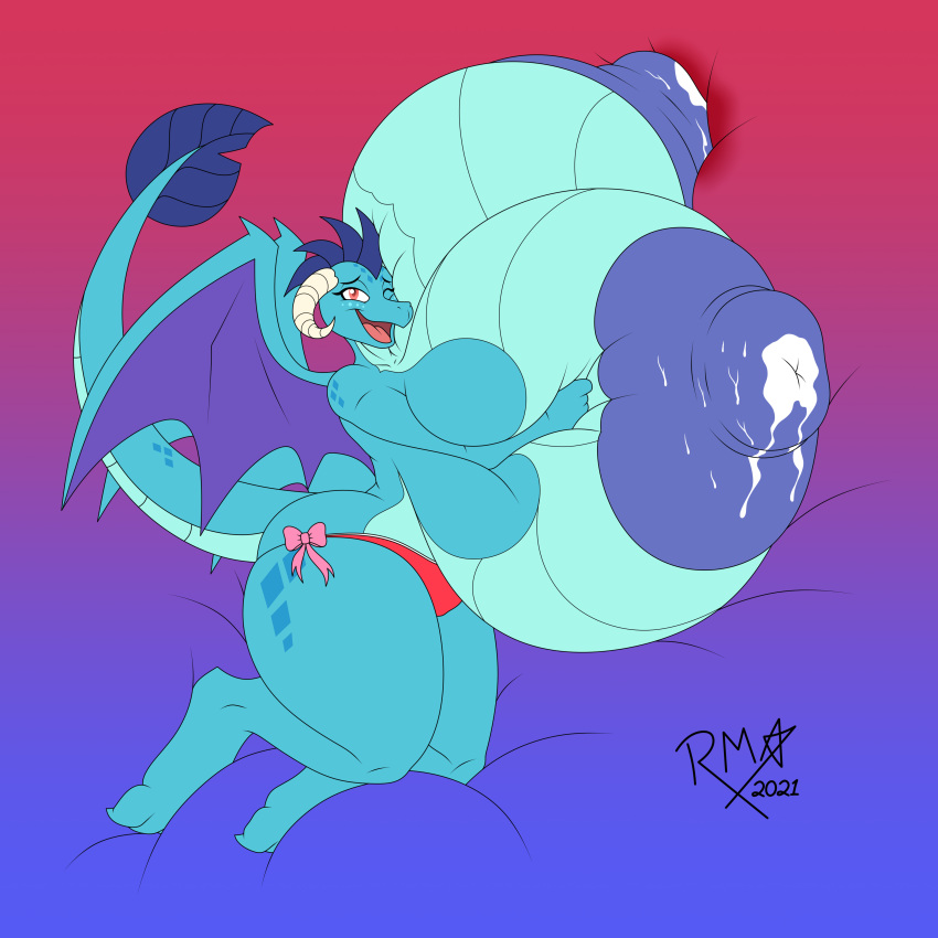 absurd_res anthro areola big_areola big_breasts big_nipples blue_body blue_nipples bodily_fluids breasts clothed clothing dragon female friendship_is_magic hand_on_breast hasbro hi_res holding_breast horn huge_breasts hyper hyper_breasts lactating looking_at_viewer lying markings milk my_little_pony nipples on_side one_eye_closed open_mouth panties princess_ember_(mlp) red_eyes ribbons richyminer scalie solo thick_thighs topless underwear wings